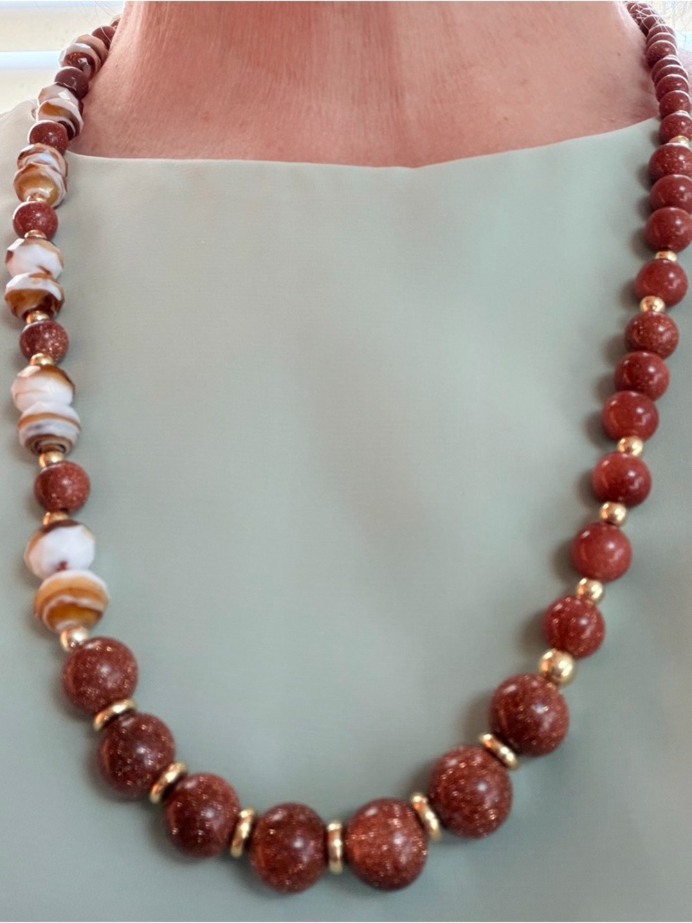 Stunning Necklace for women.Goldstone & brown swirl lampwork beads.25”/64cm GIFT